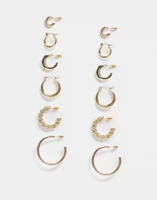 ASOS DESIGN pack of 6 hoop earrings in mixed sleek and texture designs in gold tone | ASOS (Global)