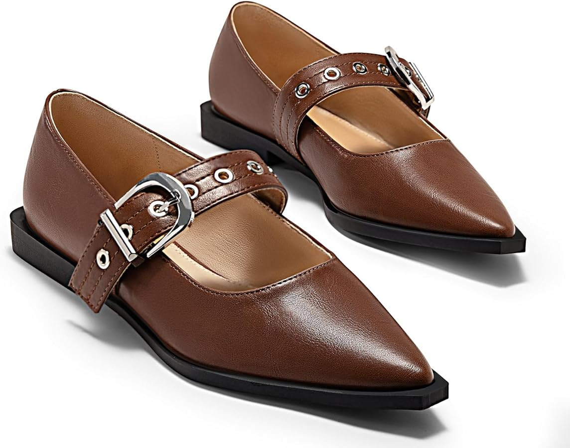 Coutgo Womens Mary Jane Flats Closed Pointed Toe Ballet Flat Studded Metal Adjustable Buckle Dres... | Amazon (US)