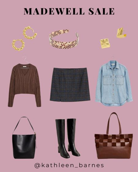 Madewell finds for fall — LTK Sale finds! Mini skirt, cropped sweater, gold jewelry, headband, tote bag, knee high boots, denim top 

#LTKsalealert #LTKSale #LTKshoecrush