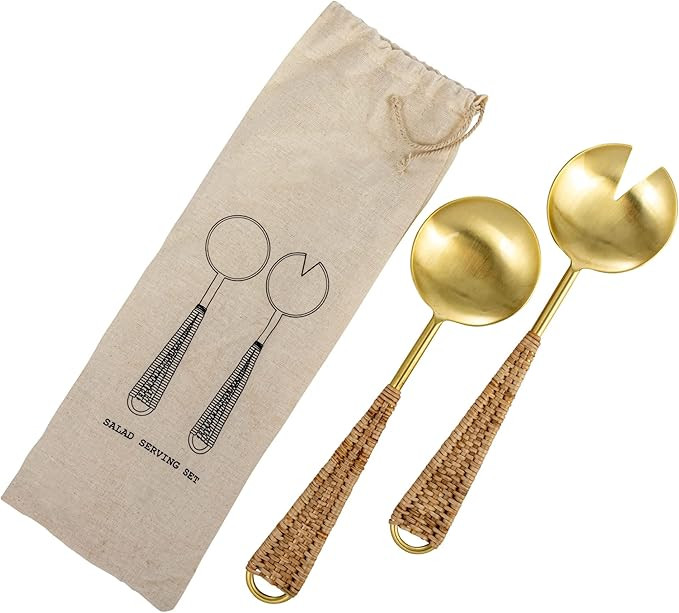 Bloomingville Scandinavian Stainless Steel Rattan Wrapped Handles in Printed Drawstring Bag, Gold... | Amazon (US)