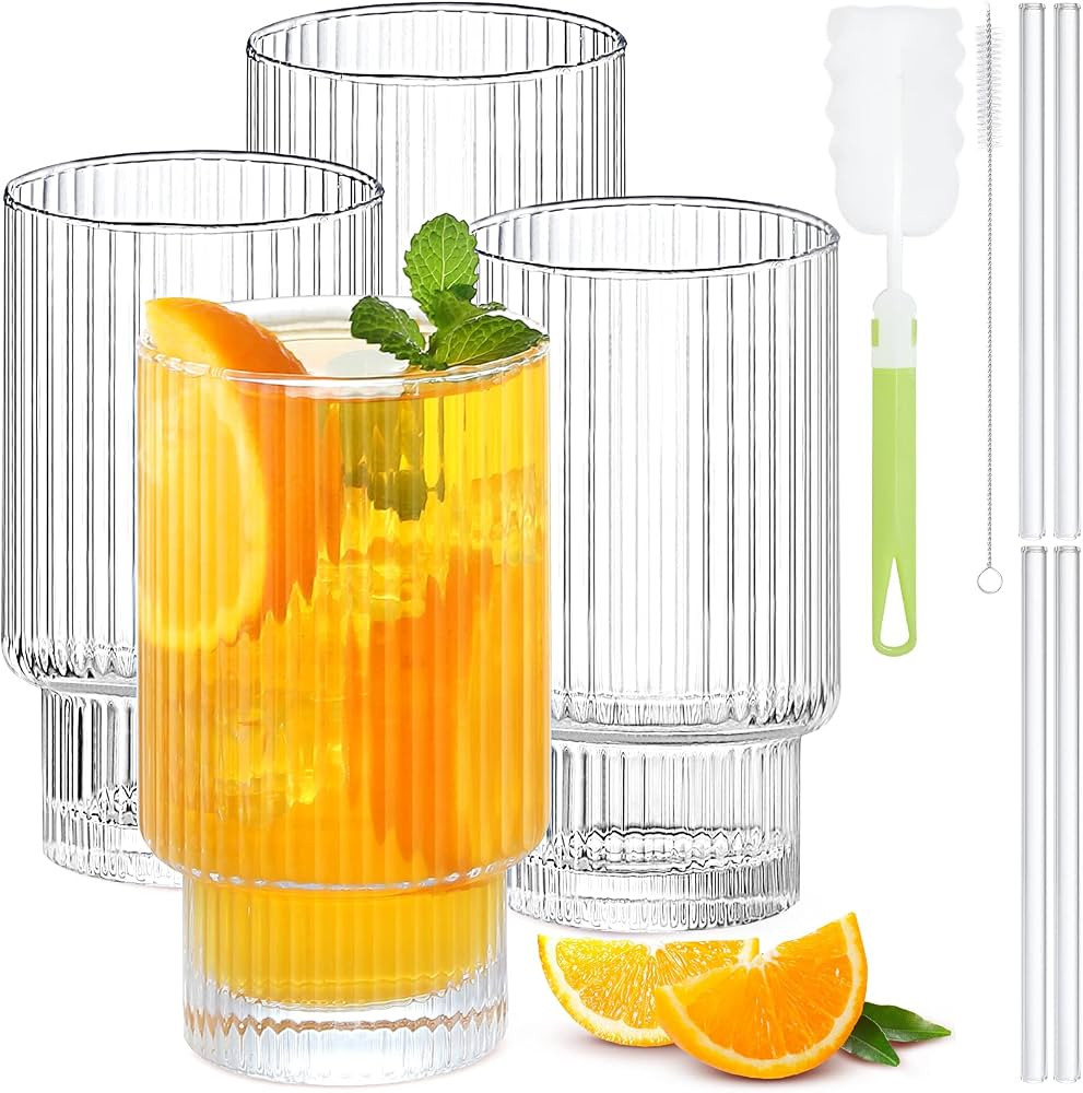 AEIMIJPQ Drinking Glasses, 16 OZ Vintage Glassware Set Of 4, Old Fashioned Classic Iced Coffee Cu... | Amazon (US)
