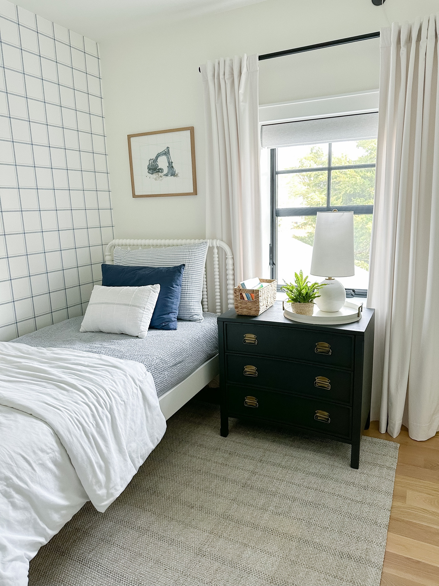 Boys room, navy nighstand, Jenny Lind bed, twin bed, small bedroom, blue plaid wallpaper, gray stripe rug

#LTKstyletip #LTKkids #LTKhome