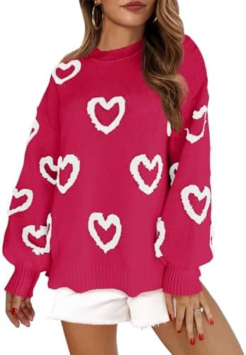 Saodimallsu Womens Heart Sweater Valentines Oversized Cute Winter Chunky Knit Crew Neck Side Slit... | Amazon (US)