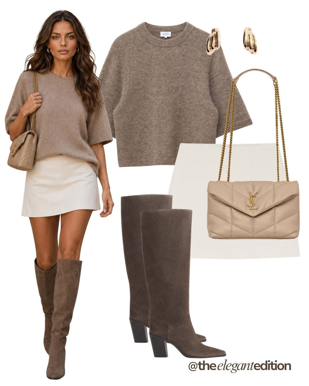 KNIT TOP & BOOTS LOOK - Taupe knit top styled with a cream mini skirt and knee-high suede boots for an easy autumn transition #kneehighboots #knitwear #miniskirt #LTKautumn #LTKshoes #LTKstyletip 

 #LTKFashionMonth #LTKeurope #LTKautumn