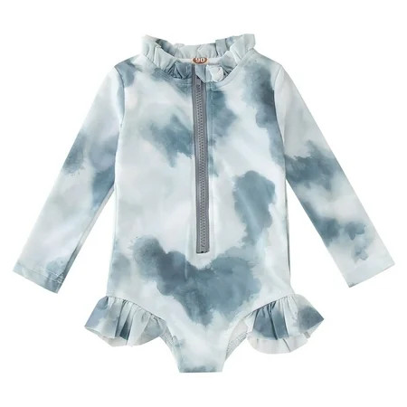 JLFKNG Baby Girls Swimsuit Long Sleeve Ruffled Colour Tie Dye Gradient Printed 1 Piece Swimwear For Girls Beach Onesie Swimsuit Bikini Cool Summer Swimsuit | Walmart (US)