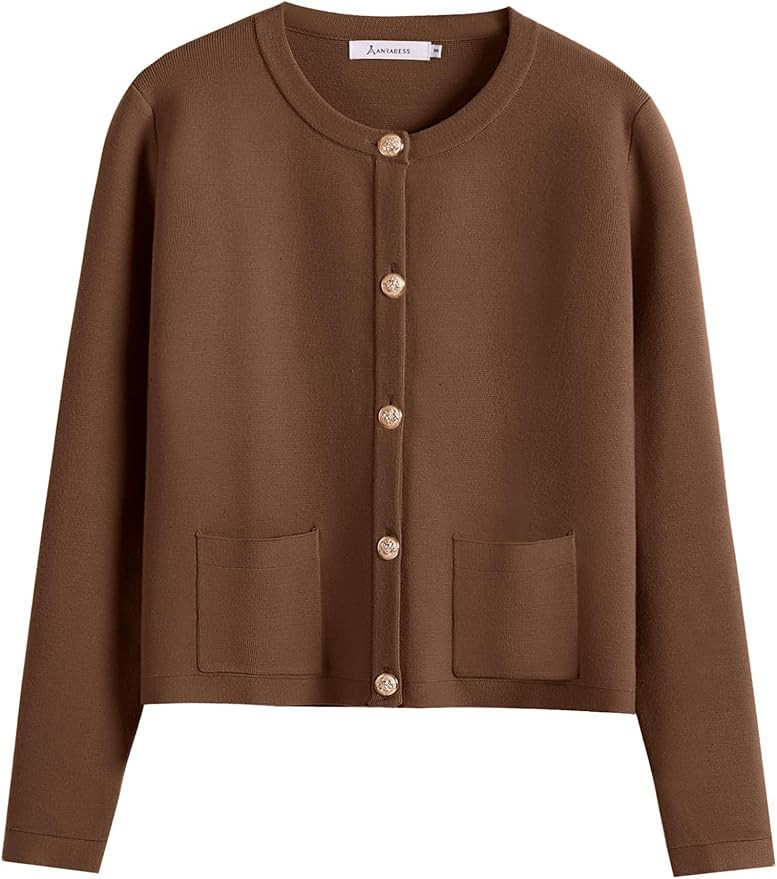ANRABESS Women’s Button Down Cropped Cardigan Sweaters | Striped&Solid，Pockets，Lady's Fall ... | Amazon (US)