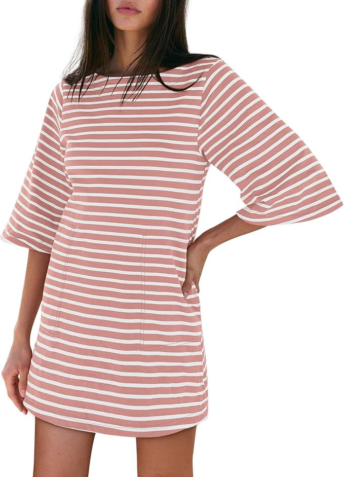 Yousify Women’s T Shirt Dress Cotton Summer Dresses 2025 Casual Loose Short Sleeve Striped Mini... | Amazon (US)