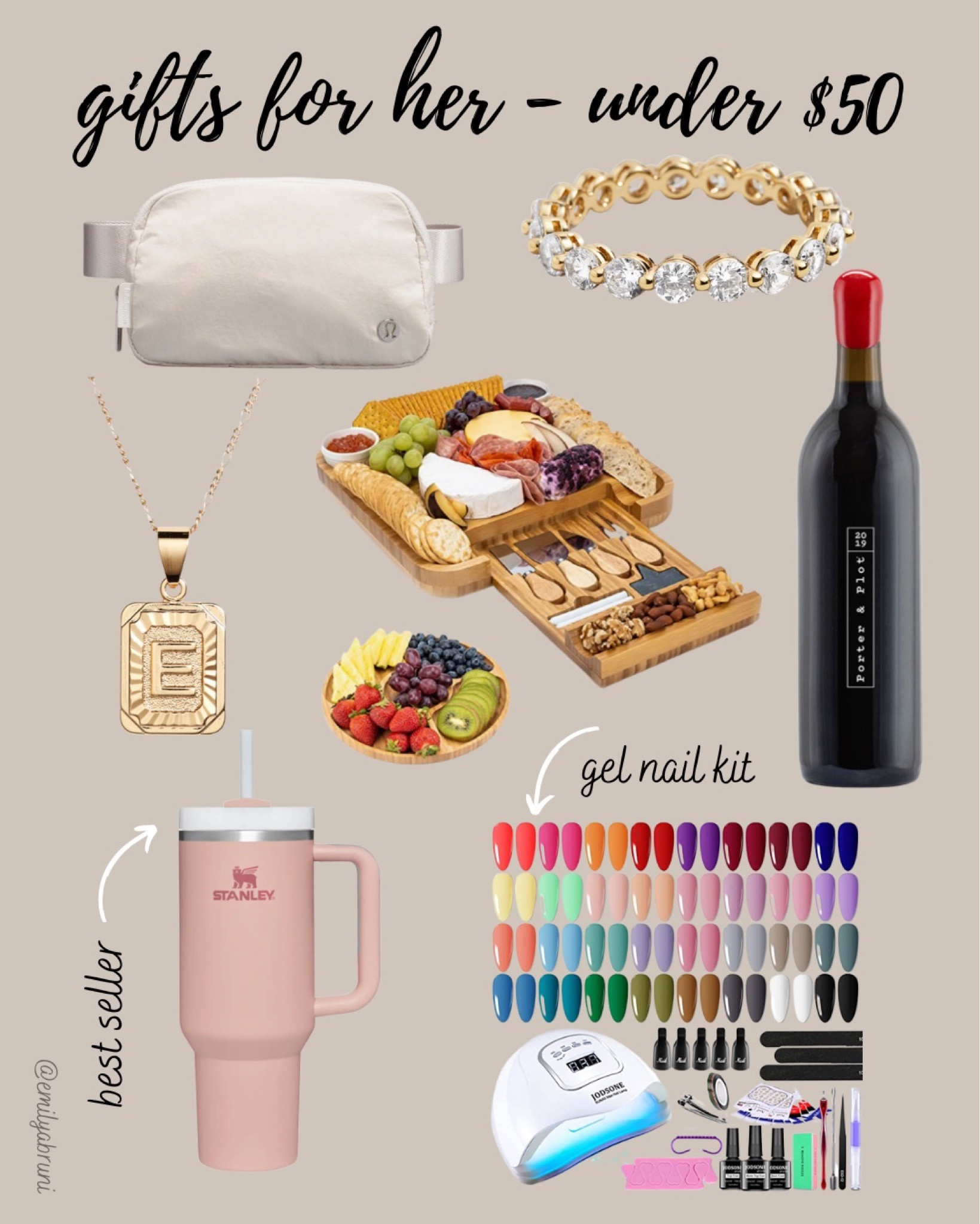 Gifts for her under $50!

- lululemon everywhere belt bag
- Winc wine subscription
- bauble bar ring
- initial pendant necklace
- gel nail kit
- Stanley quencher 
- charcuterie board

#LTKGiftGuide #LTKCyberweek #LTKsalealert