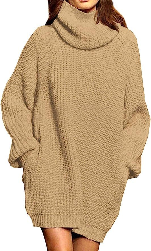 Pink Queen Women's Loose Oversize Turtleneck Wool Long Pullover Sweater Dress | Amazon (US)