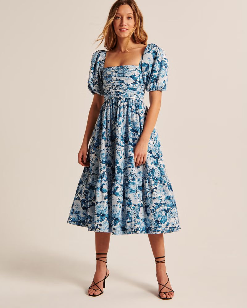 Ruched Puff Sleeve Poplin Midi Dress | Abercrombie & Fitch (US)