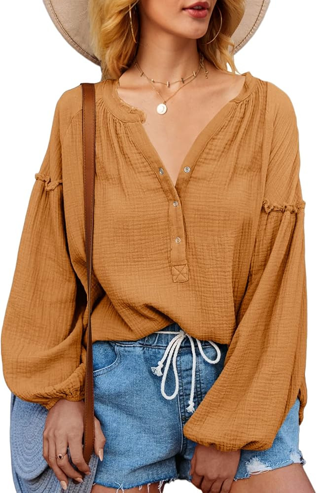 Shemoday Womens Sweatshirt White Oversized V Neck Henley Shirts Button Down Hoodies Long Sleeve Tops | Amazon (US)