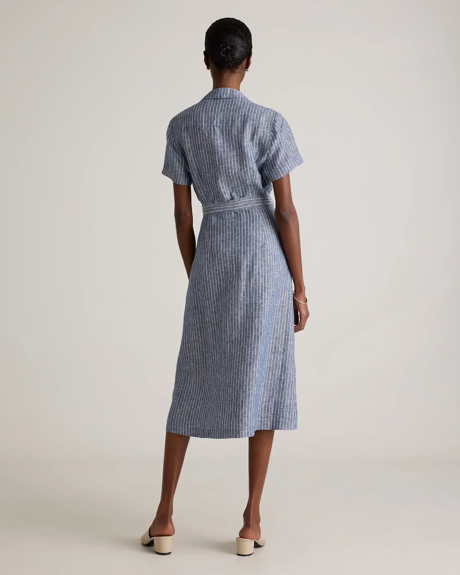 100% European Linen Button Front Dress in Chambray Stripe | Quince