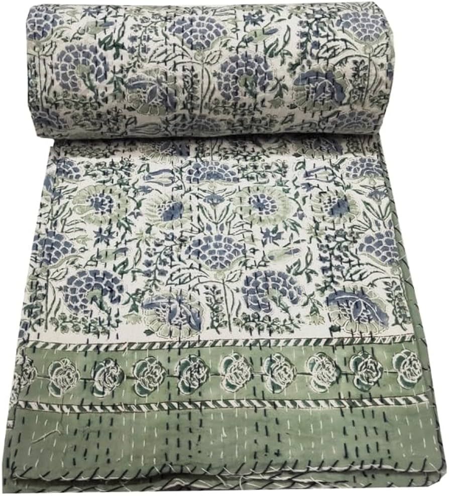 V Vedant Designs Indian Kantha Quilt Handmade Throw Reversible Blanket Bedspread Block Print Fabr... | Amazon (US)