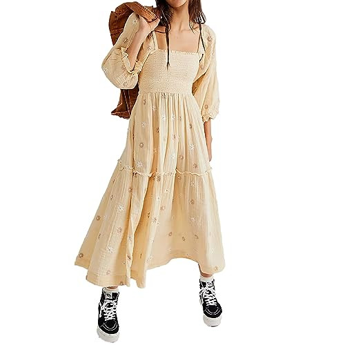 Women Floral Embroidered Maxi Dress Long Puff Sleeve Square Neck Bohemian Flowy Dress with Pockets Summer Fall | Amazon (US)