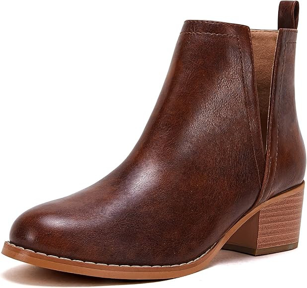 LAICIGO Women's V Cut Ankle Booties Low Stacked Heel Closed Toe Perforated Slipon Faux Leather Weste | Amazon (US)