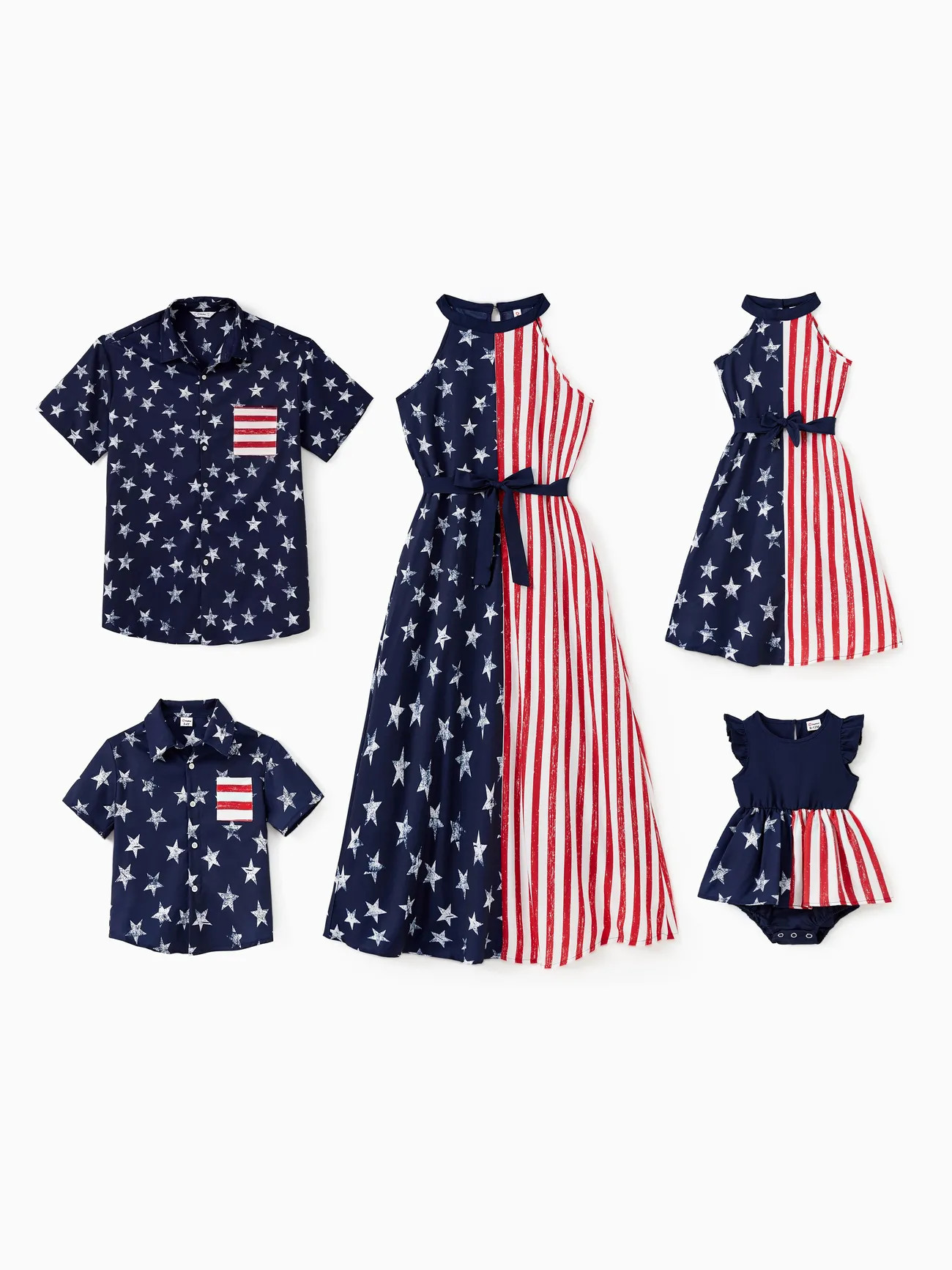 Independence Day Family Matching American Flag Print Shirt and High Neck Halter Sleeveless Belted... | PatPat