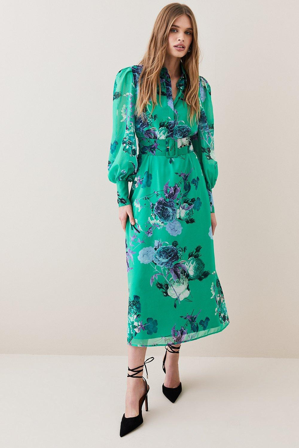 Green Rose Georgette Woven Shirt Dress | Karen Millen UK + IE + DE + NL
