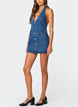 Women's Summer Sexy Backless Denim Dress Deep V-Neck Halter Mini Dress Sleeveless Button Down Jea... | Amazon (US)