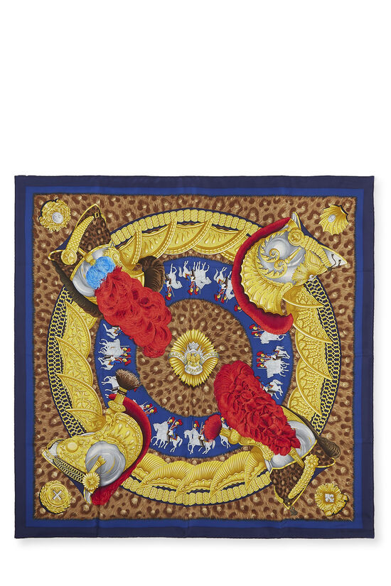 Navy & Multicolor 'Casques et Plumets' Silk Scarf 90 | What Goes Around Comes Around