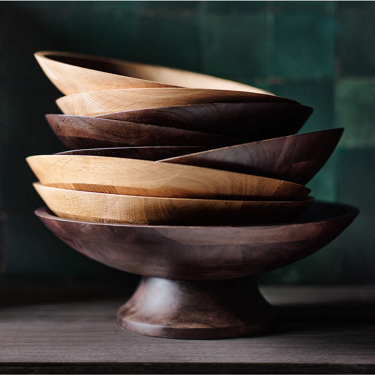 Madeira Walnut-Finished Acacia Wood Tall Footed Serving Bowl + Reviews | Crate & Barrel | Crate & Barrel