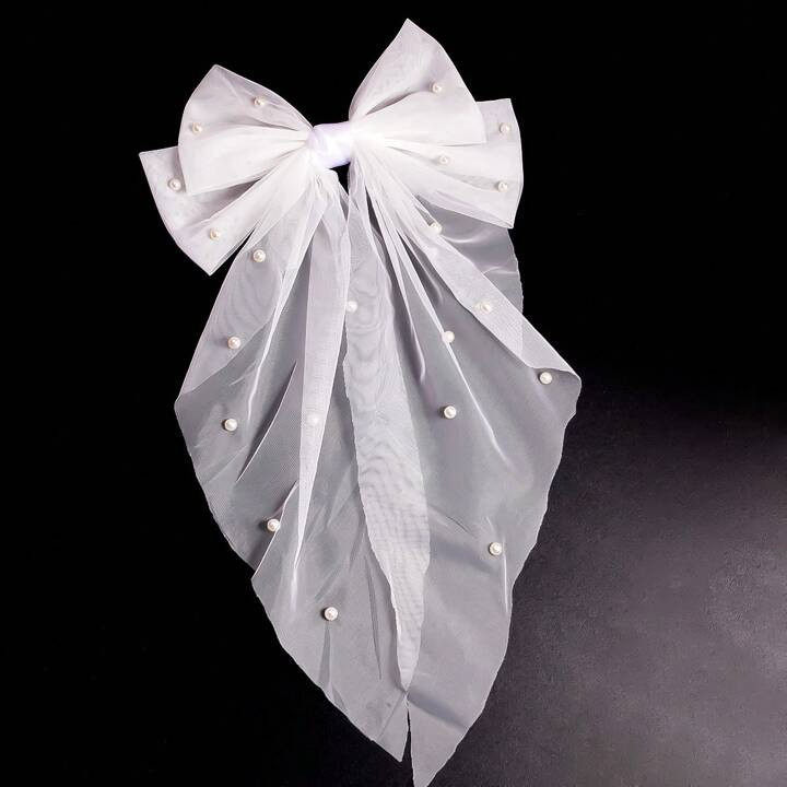 1pc Mesh-Netting Ribboned Triangle Scarf With Pearl & Bowknot, Long Alligator Hair Clip For Girls... | SHEIN