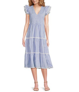 Woven Stripe Print V-Neck Flutter Sleeve Tiered Dress | Dillard's
