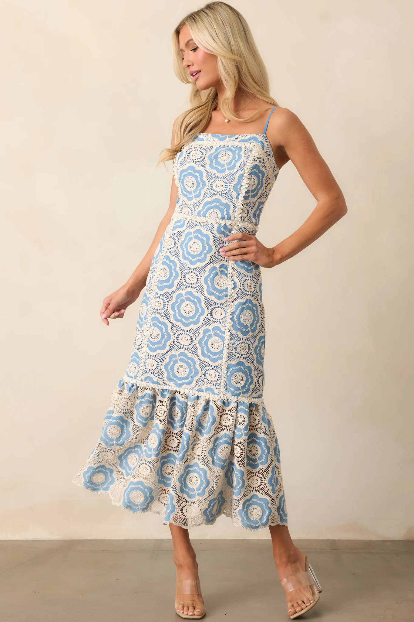 Simply Gorgeous Light Blue Embroidered Eyelet Midi Dress | Red Dress
