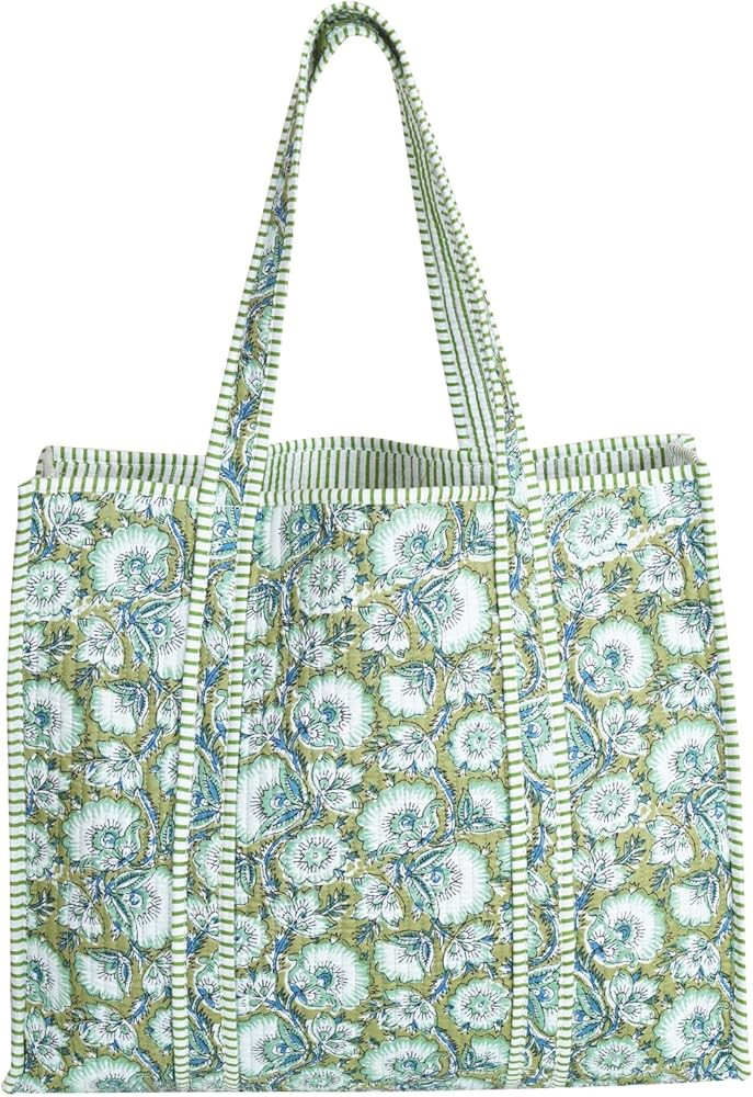 Floral Cotton Block Print Qulited Tote Bag, Indian Handmade Shopping Shoulder Beach Bag, Unisex M... | Amazon (US)