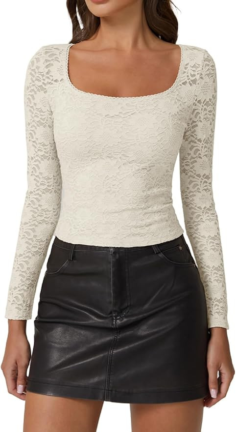 QINSEN Chic Floral Lace Crop Tops for Women Slim Fit Long Sleeve Square Neck Crop Tops Basic Goin... | Amazon (US)