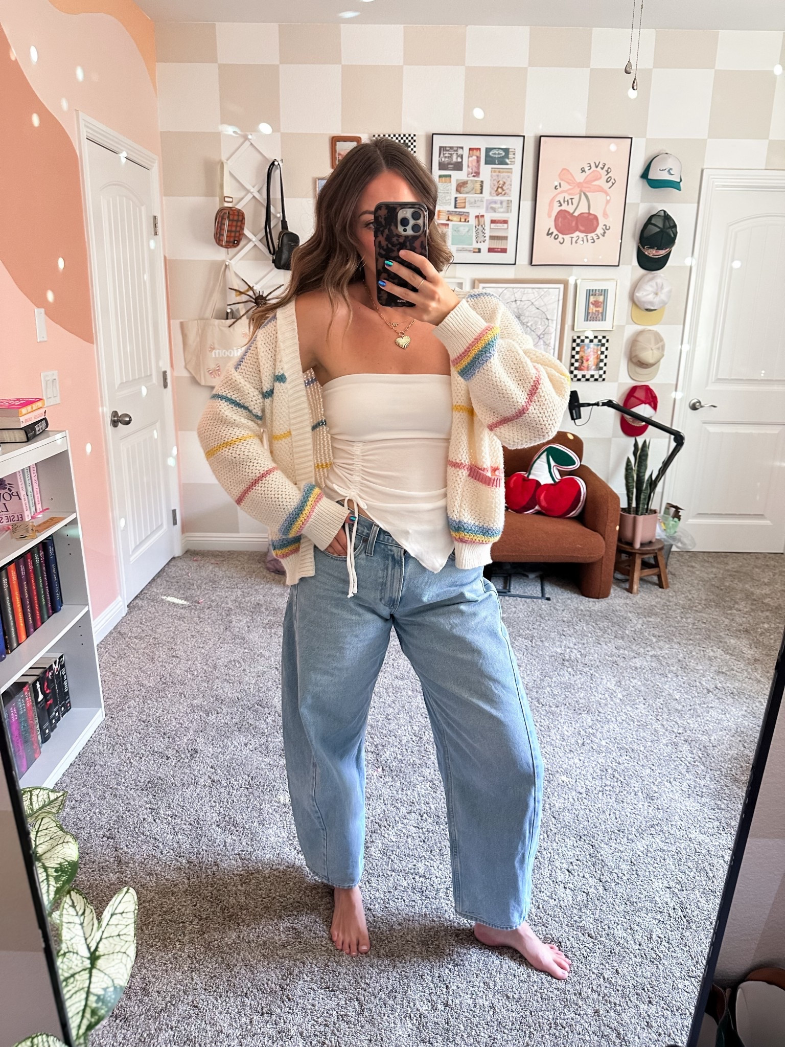 My new fav top 🩷 wearing size small tube top, medium rainbow cardigan, 27 long jeans! 

#LTKFindsUnder100