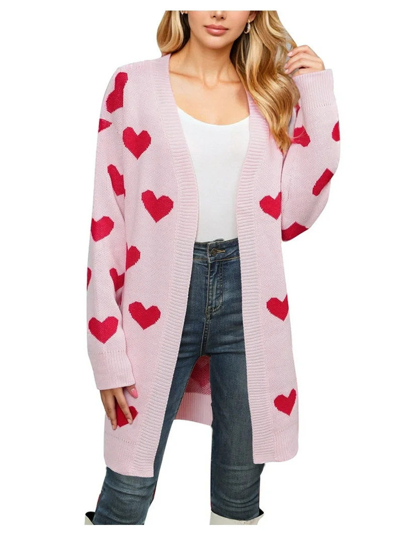 Drvitor Valentines Cardigans for Women Heart Printed Open Front Cardigans Casual Loose Mid-Length... | Walmart (US)