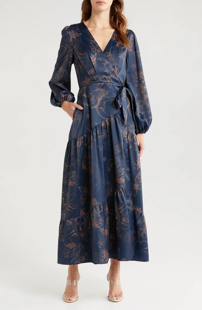 CIEBON Lilian Long Sleeve Satin Maxi Wrap Dress | Nordstrom | Nordstrom