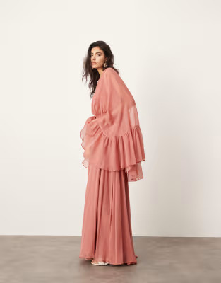 ASOS EDITION chiffon extreme sleeve maxi dress with ruffle back detail in dusky pink | ASOS (Global)
