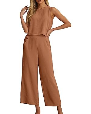 IWOLLENCE Women's Summer 2 Piece Outfits Set Round neck Sleeveless Tank Crop Top Wide Leg pants S... | Amazon (US)