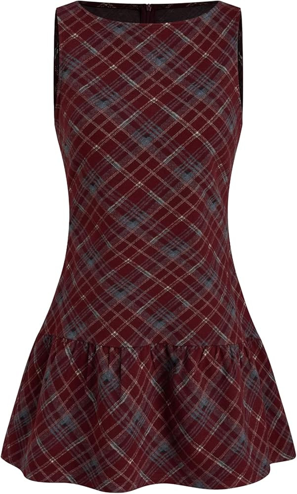 CIDER Mini Dress A Line Plaid Ruffle Hem Sleeveless Low Waist Boat Neck Dress Party Casual Date | Amazon (US)