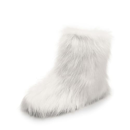 DREAM PAIRS Women's Faux Fur Boot Furry Snow Boot Mid Calf Boots Warm Flat Outsole Fur Lined Fashion Winter Boots FuzzyChic Fantasia,Size 8,White,SDSB2421W | Amazon (US)