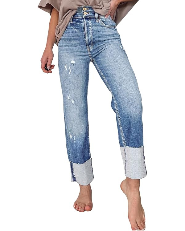 Sidefeel Women Cuffed Jeans High Waisted Boyfriend Straight Leg Denim Pants | Amazon (US)