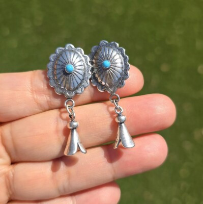 Native American Sterling Silver Turquoise Oval Concho Squash Blossom Earrings  | eBay | eBay US