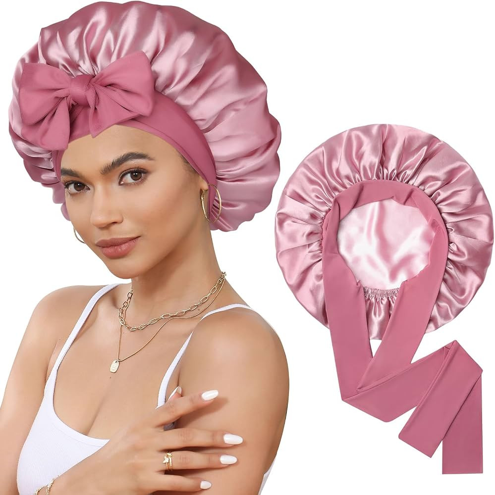 Satin Bonnet for Sleeping Cap Double Layer Hair Bonnet with Elastic Tie Band for Curly Hair Night... | Amazon (US)