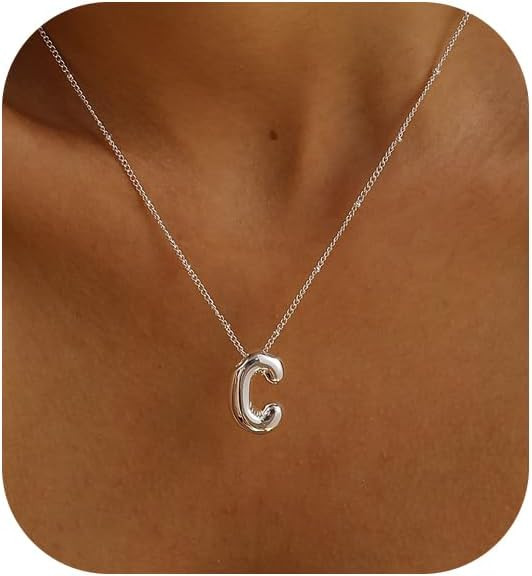 Gold Bubble Letter Necklace for Women, 14k Gold Plated Balloon Initial Letter Pendant Necklace Da... | Amazon (US)