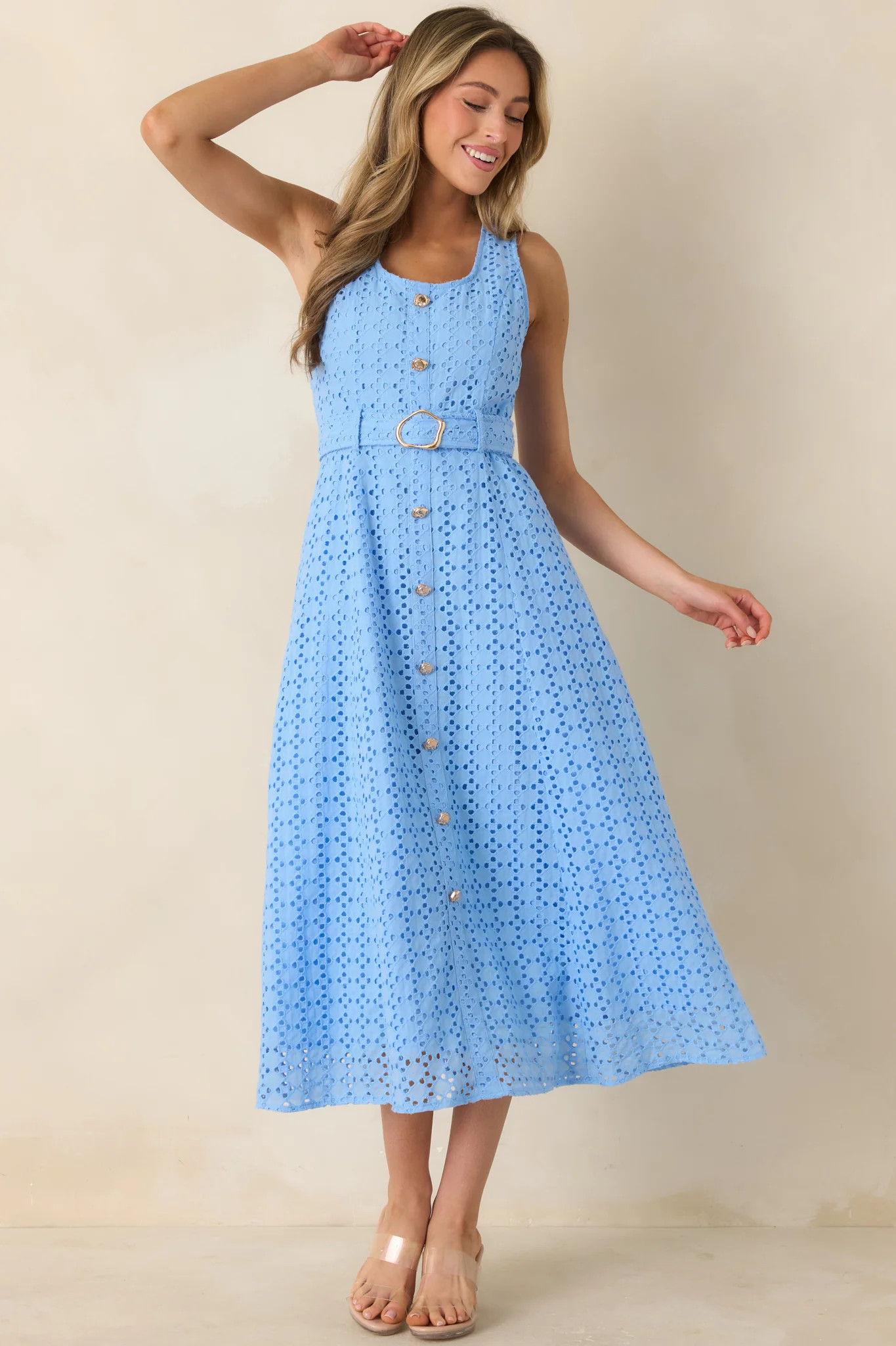Garden Society Blue Cotton Eyelet Sleeveless Midi Dress | Red Dress