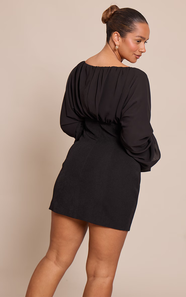 Shape Black Ruched Chiffon Boat Neck Mini Dress | Shape | PrettyLittleThing US