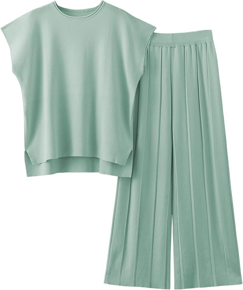Women Knit 2 Piece Sweater Sets Pullover Tops High Waist Wide Leg Pants Lounge Set | Amazon (US)