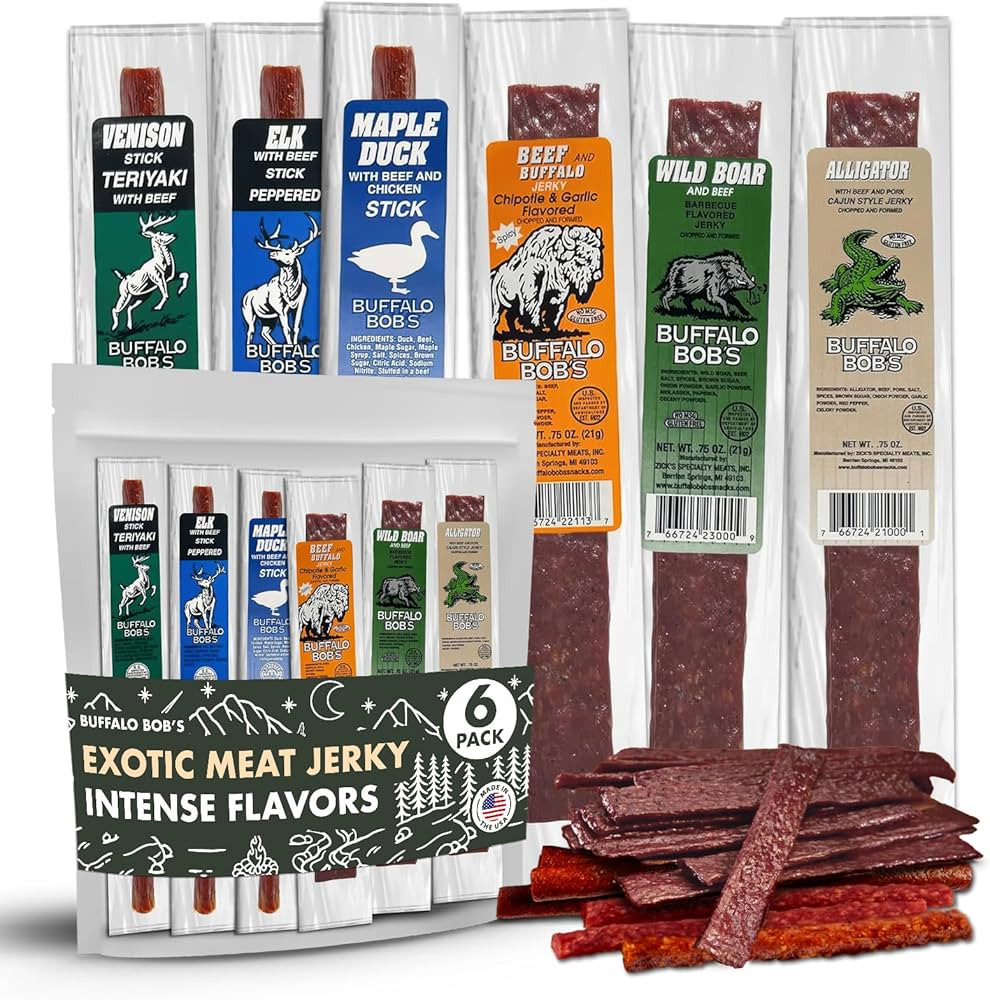 Buffalo Bob's Wild Game Exotic Snacks (6 Pack), Beef Jerky Sampler Gift Pack for Men, Jerky Varie... | Amazon (US)
