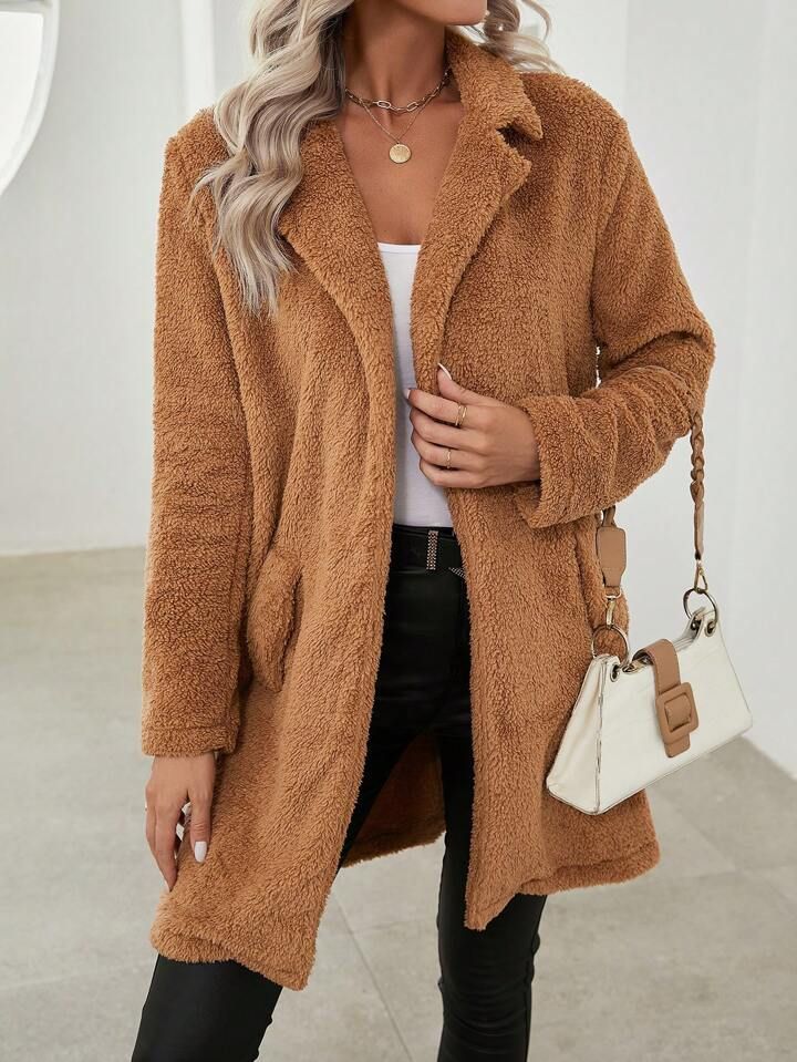 SHEIN Frenchy Solid Color Furry Collared Coat | SHEIN