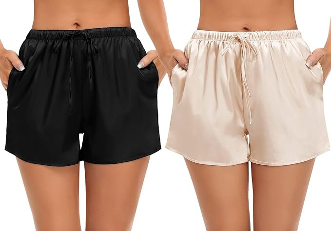 SWOMOG Women's Silk Stain Pajama Shorts Pj Bottoms with Pockets Drawstring Sleep Shorts Boxer Sof... | Amazon (US)