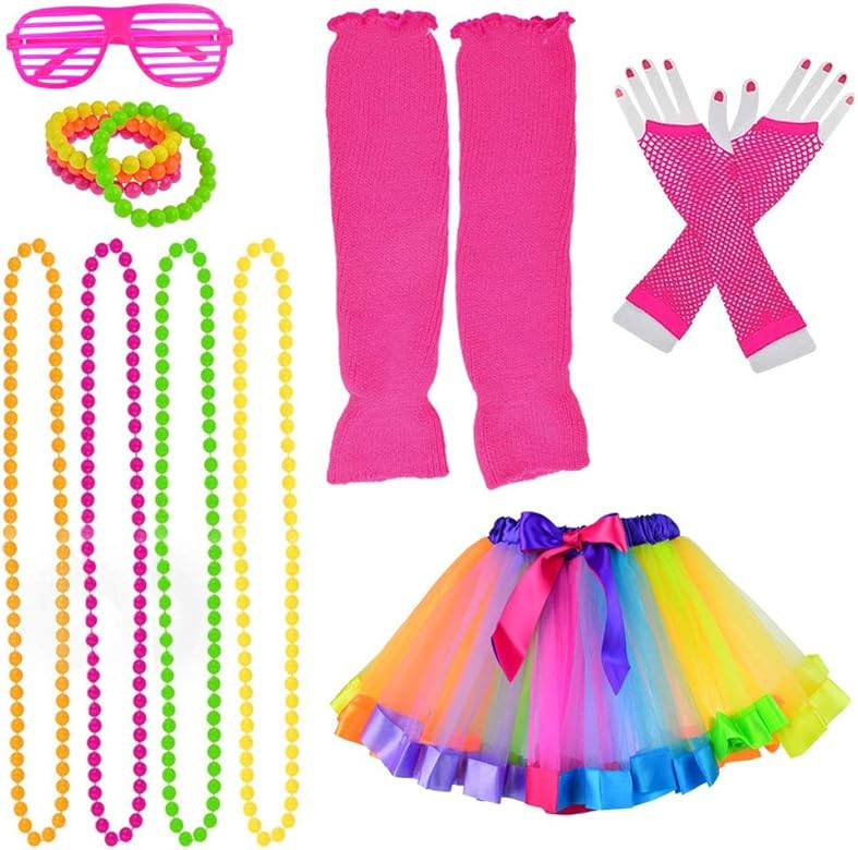 jiebor 80s Costume Accessories Skirt Leg Warmers Fishnet Gloves Bracelet Necklace Shutter Glass | Amazon (US)