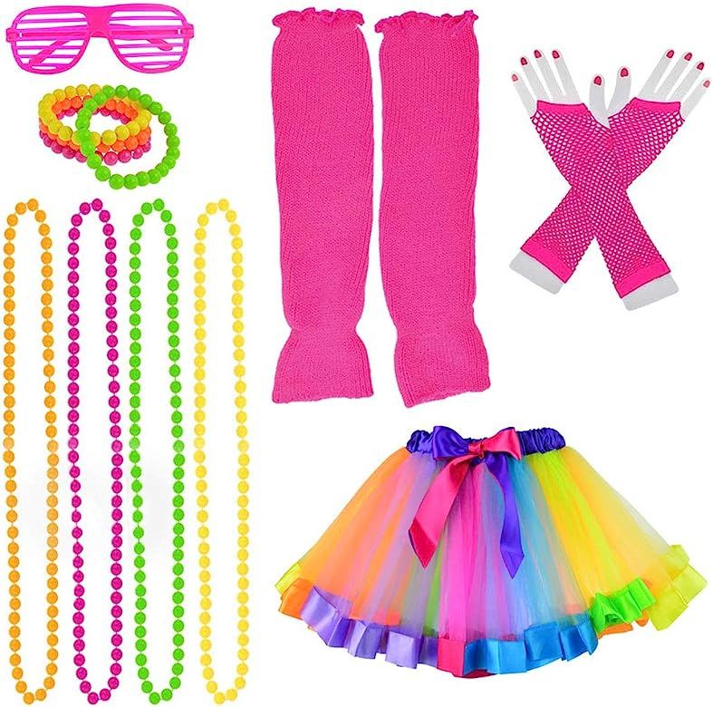 jiebor 80s Costume Accessories Skirt Leg Warmers Fishnet Gloves Bracelet Necklace Shutter Glass | Amazon (US)