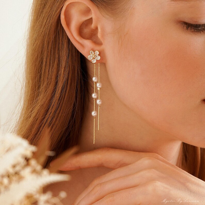 Dainty Flower Pearl Tassel Drop Earrings, Long Dangling Pearl Earrings, Dlicate Wedding Earrings,... | Etsy (US)
