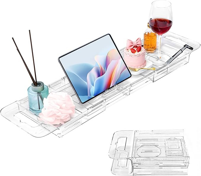 Expandable Clear Acrylic Bathtub Tray Caddy, Foldable Tub Bath Tray with Drain Slots, Slip-Resist... | Amazon (US)